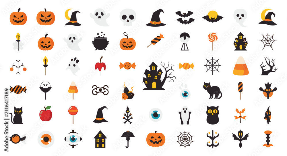 Obraz premium Large set of colorful Halloween icons featuring pumpkins, ghosts, bats, skulls, witch hats, candies, and spooky houses for festive designs.