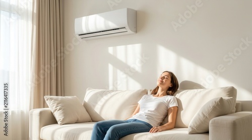 Woman relaxes on sofa while window conditioner cools room on hot summer day.