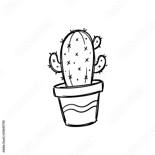 Simple hand drawn cactus in a pot minimalist sketch.