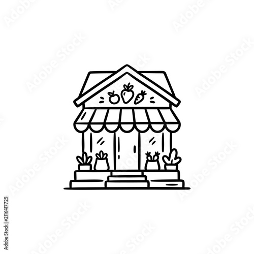Simple grocery storefront line art illustration.
