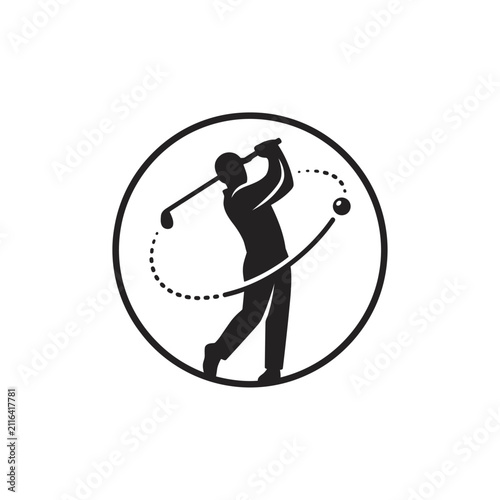 Simple golfer silhouette with dashed circular swing path.