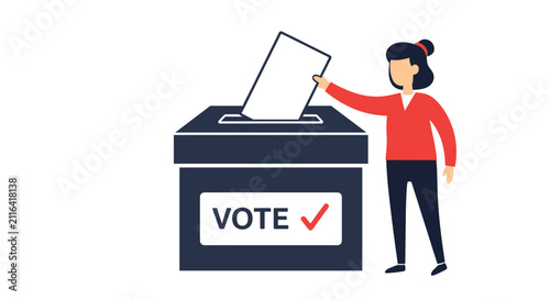 Woman casts her ballot into a dark vote box to illustrate the democratic process of elections and civic duty in a flat style.