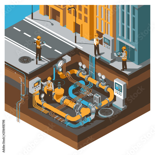 Isometric view of underground utility infrastructure system.