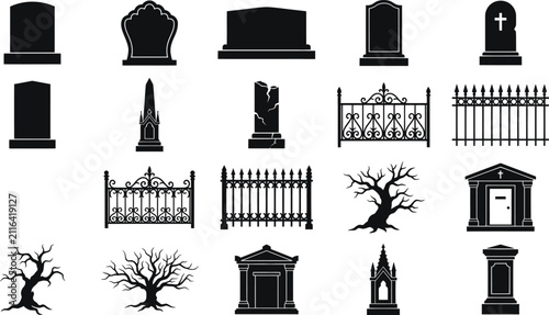 Foto Collection of black silhouette icons featuring various tombstones gravestones ce