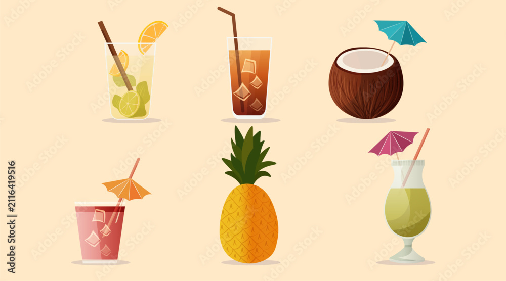 Obraz premium Summer drinks tropical cocktails coconut pineapple lemonade iced tea umbrella garnish pastel background beverage collection