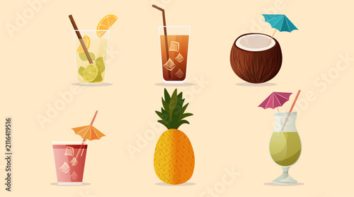 Summer drinks tropical cocktails coconut pineapple lemonade iced tea umbrella garnish pastel background beverage collection