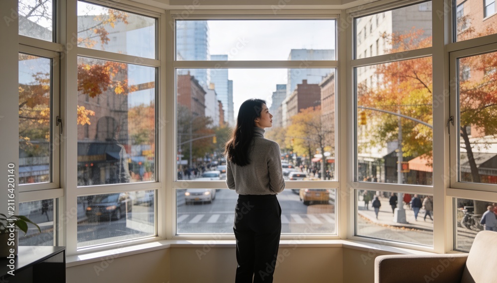 Fototapeta premium Standing woman in gray turtleneck and black trousers gazing out at bay window, with cars crosswalk