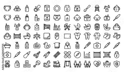 Bild auf Leinwand Create a professional Baby Products and Childcare Outline Icon Set containing exactly 60 unique thin line vector icons