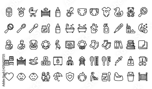 Bild auf Leinwand Create a professional Baby Products and Childcare Outline Icon Set containing exactly 60 unique thin line vector icons