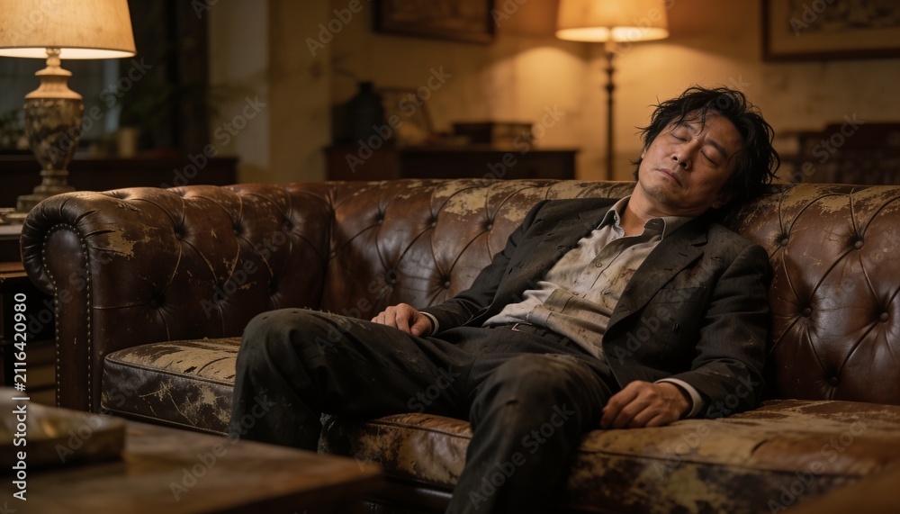 Obraz premium Reclining man in rumpled suit dozing on living room Chesterfield sofa, with lamp and books