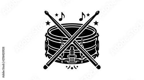 Snare Drum with Crossed Drumsticks and Musical Notes Vector Illustration - Black Silhouette Percussion Logo Concept Isolated on White Background