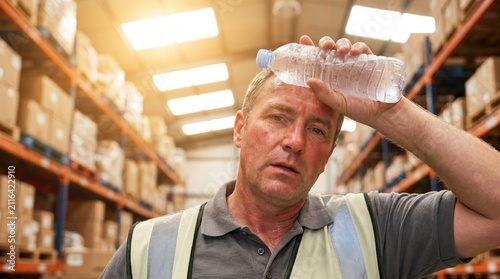 Exhausted warehouse worker holding cold water bottle to his forehead. Middle aged man suffering from heat stress and fatigue in storage facility