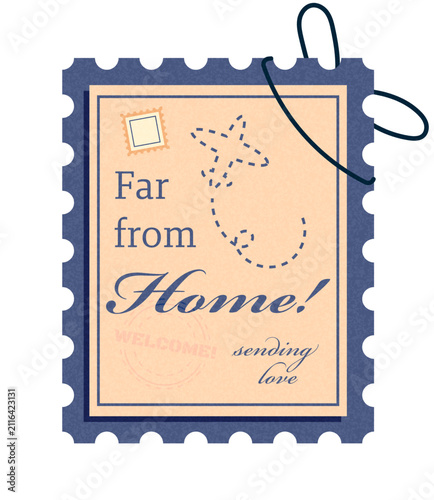 A traveling sticker and postcard stamp with cute text and a plane drawing, a greeting badge with the bow tie. Vector graphic design element.