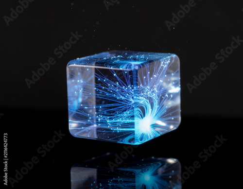 transparent crystalline artificial intelligence processor featuring glowing blue neural pathways and futuristic optical computing architecture on a dark background