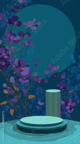 Elegant Floral Product Display Mockup with Podium on Water Surface and Dark Blue Background with Moon