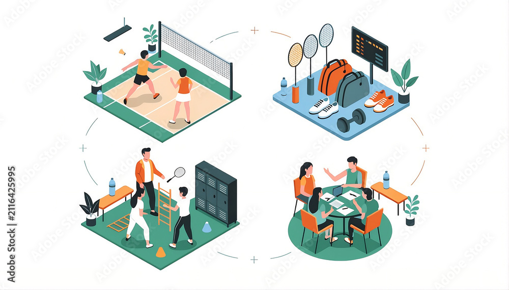 Fototapeta premium Isometric sports and fitness vector illustration. People playing active games and training.