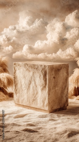 Stone podium display against cloudy sky backdrop, product showcase, neutral color palette, studio shot, minimalist style