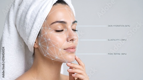 Фотография Young woman with digital skin analysis grid lines on her face showing hydration