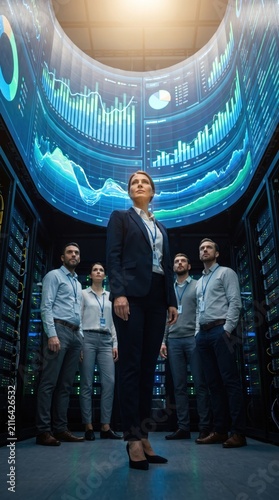 Business team monitoring big data in a futuristic data center