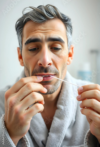 Man in a bathrobe flossing ...
