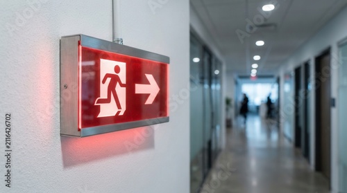 Illuminated red emergency exit sign mounted on office wall showing running man icon and right arrow.