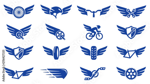 Fotografie Minimalist Blue Winged Sport and Mechanic Icon Set Modern Flat Design Illustrati