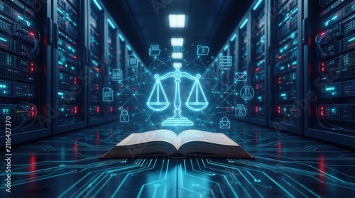 Digital law book featuring a glowing scales of justice icon within a tech network.