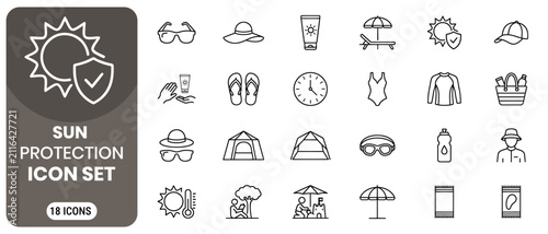 Fotografie Flat sun protection icon set with 18 summer safety symbols