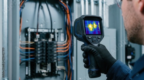 Technician using a thermal imager camera to inspect an electrical panel for heat anomalies.