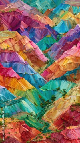 Aerial View of Colorful Layered Mountains Abstract Oil Painting Style with Small Trees and Textured Brushstrokes