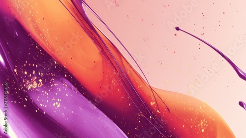 Abstract Fluid Art in Motion Macro Shot Capturing Vibrant Purple Orange and Gold Tones on Light Pink Background