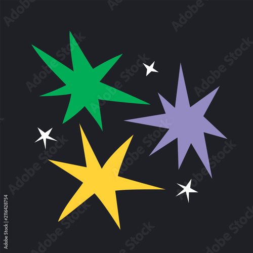 Vector modern groovy illustration of composition of colorful abstract irregular shaped stars on dark background