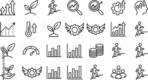Business growth and financial progress line icon set representing economic development corporate success analytics and strategic planning