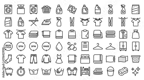 Fotografía Set of 50 Laundry Service Outline Icons with Editable Stroke Featuring Washing M