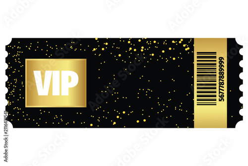 Vip ticket template with gold accents, , confetti pattern, and barcode elegant event pass design for exclusive access, concerts, festivals, or luxury parties