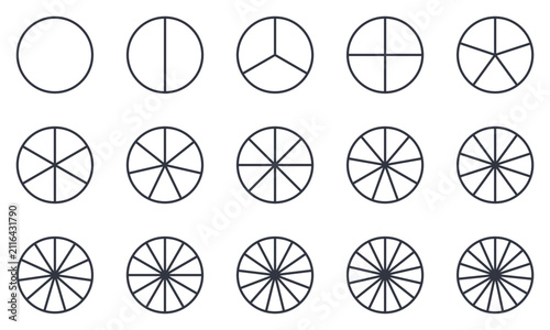 Circle division icon set. Circular outlines divided into 1 to 15 equal parts for pie charts, fractions, diagrams, infographics and mathematical illustrations. Editable stroke vector elements.