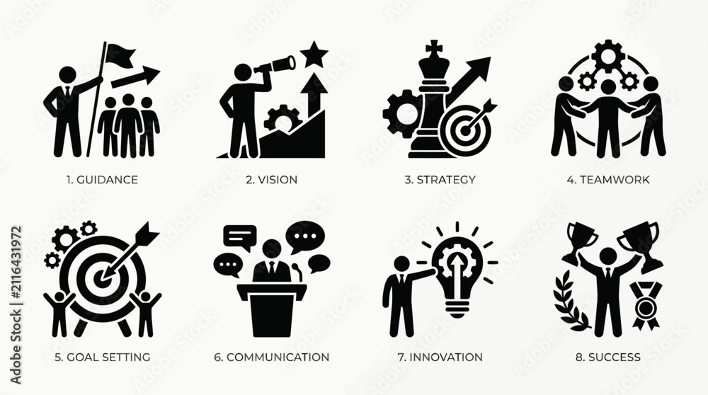 Obraz premium Set of black business and leadership icons representing guidance, strategy, teamwork, and success