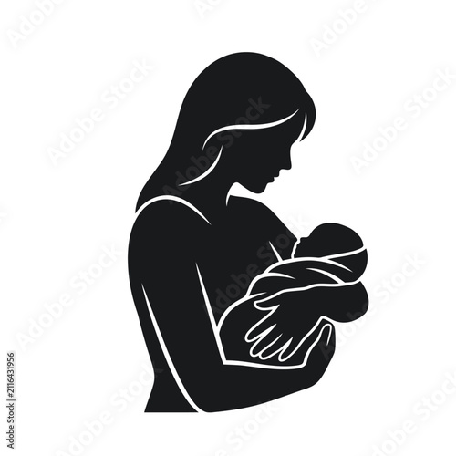 Bild auf Leinwand black-and-white vector silhouette depicting a mother tenderly holding her newborn baby
