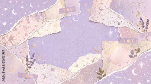 Pastel purple aesthetic scrapbook background with torn paper pieces, celestial motifs, lavender branches, and golden stars for creative design projects