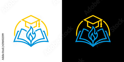 Foto Education logo with graduation cap open book and flame symbol for academic succe