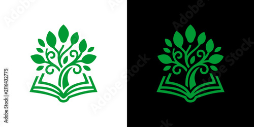 Foto Elegant logo featuring a lush green tree emerging from an open book, embodying t