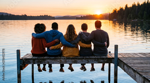 Five Diverse Friends Embracing While Sitting on Dock Watching Sunset Over Lake