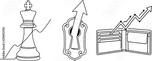 Conceptual Business Strategy and Success Icons, Vector Collection of One-Line Art Chess King, Growth Arrow in Keyhole and Financial Prosperity.