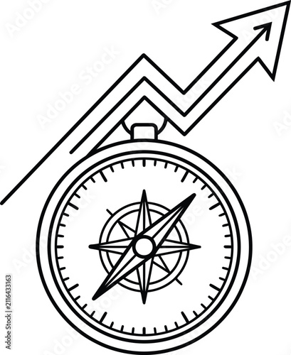 Business Direction and Growth Concept Icon, Vector Illustration of Compass with Rising Trend Arrow for Strategic Success and Planning.