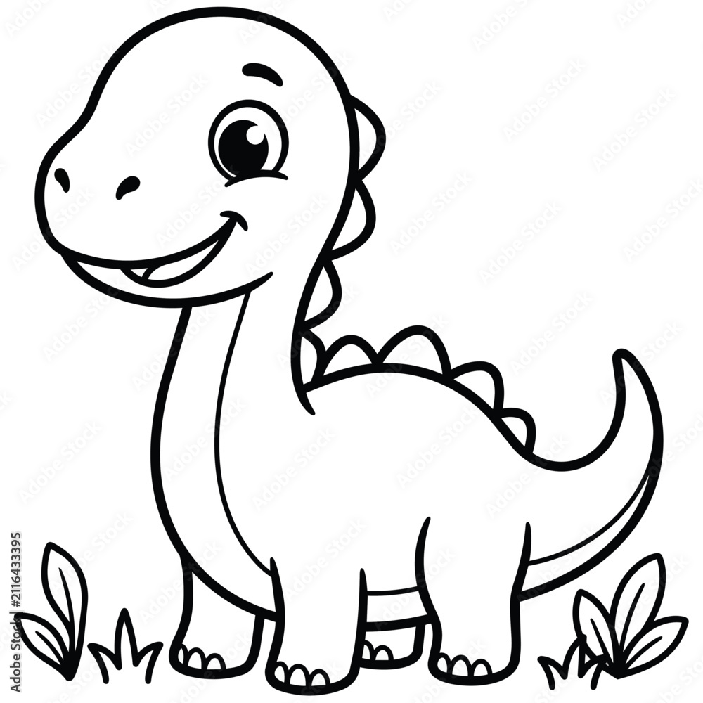 Fototapeta premium Cute cartoon dinosaur character with friendly smile and playful pose in a lush landscape setting