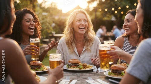 Friends laugh, drink beer, and eat burgers during a casual meeting at a beer garden in golden hour sunset light.