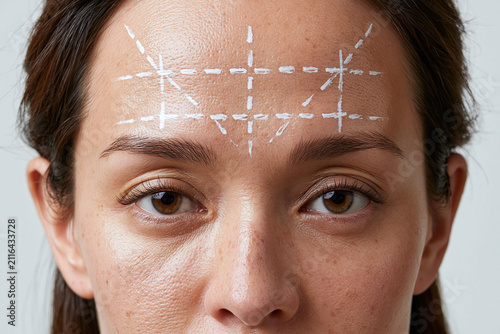 Young woman face with cosmetic procedure marking on forehead showing planning for wrinkle treatment and dermatology evaluation, natural skin texture and neutral expression