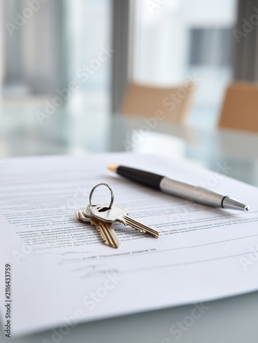 Keys and pen lying on signed document on office desk, real estate and deal concept
