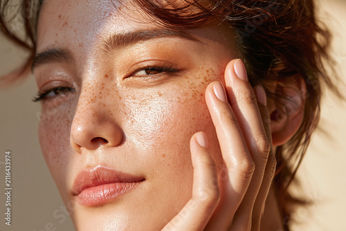 Radiant close up portrait of freckled East Asian woman with natural makeup and dewy skin, soft sunlight highlighting texture and serene expression