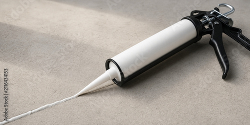 White caulk tube and applicator gun with sealant bead on concrete, home sealing and renovation concept